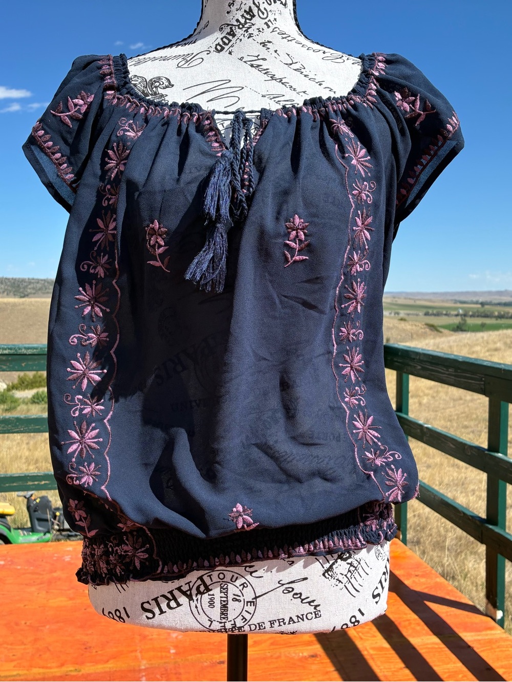 VENUS Embroidered Navy Peasant Top with Lavender Accents M